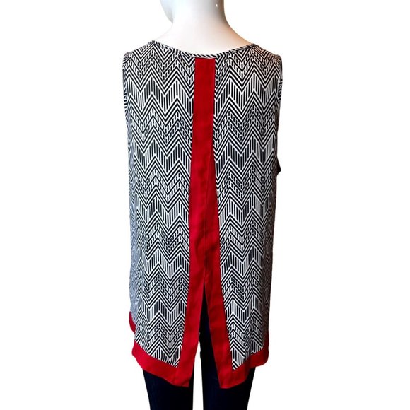 Zack & Rachel Womens Tunic Blouse Split Back Sleeveless Aztec Print Black Red L - Picture 2 of 7